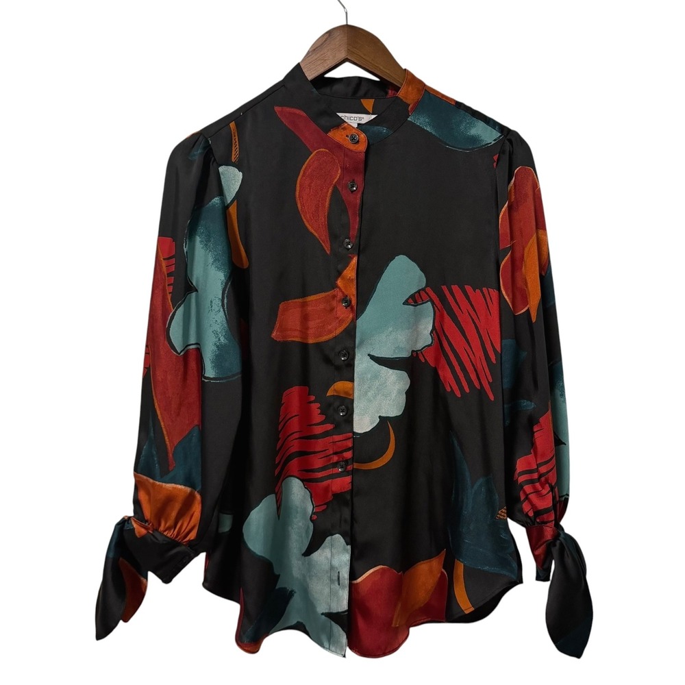 Chico's Tunic Top Women 1 US 8 Abstract Floral Mandarin Collar Tie Cuff Multi